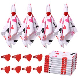 Patelai 8 Sets Valentine's Day Cloth Napkins with Red Heart Rings Set Reusable Cotton Fabric Love Cocktail Napkins Metal Heart Shape Rings Holders for Valentine's Day Wedding Dinner(Delicate)