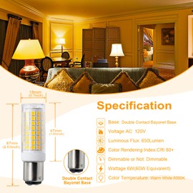 VYAOMLI BA15D LED Bulbs 120V 5W, Double Contact DC Bayonet Base, 40W 50W 60W 500LM T3/T4 Halogen Bulb Equivalent, BA15D Led Light Bulbs for Sewing Machine Pendants Ceil Wall Light (Warm White, 5 Pack)