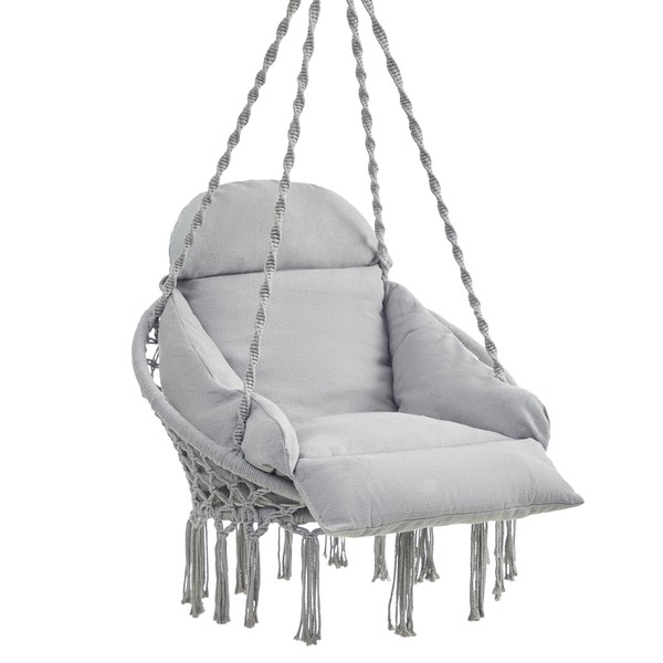 SONGMICS Hanging Chair, Hammock Chair with Large, Thick Cushion, Boho Swing Chair for Bedroom, Patio, Balcony, Garden, Living Room, Holds up to 264 lb, Gray UGDC042G11