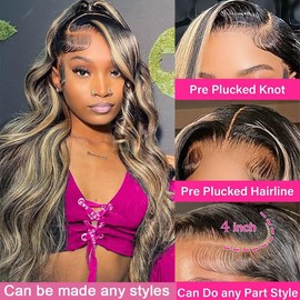 24 Inch Highlight Ombre Lace Front Wig Human Hair 13x4 Body Wave Lace Front Wigs Human Hair 180 Density Pre Plucked Highlight Wig 1B/27 Balayage Wigs for Women