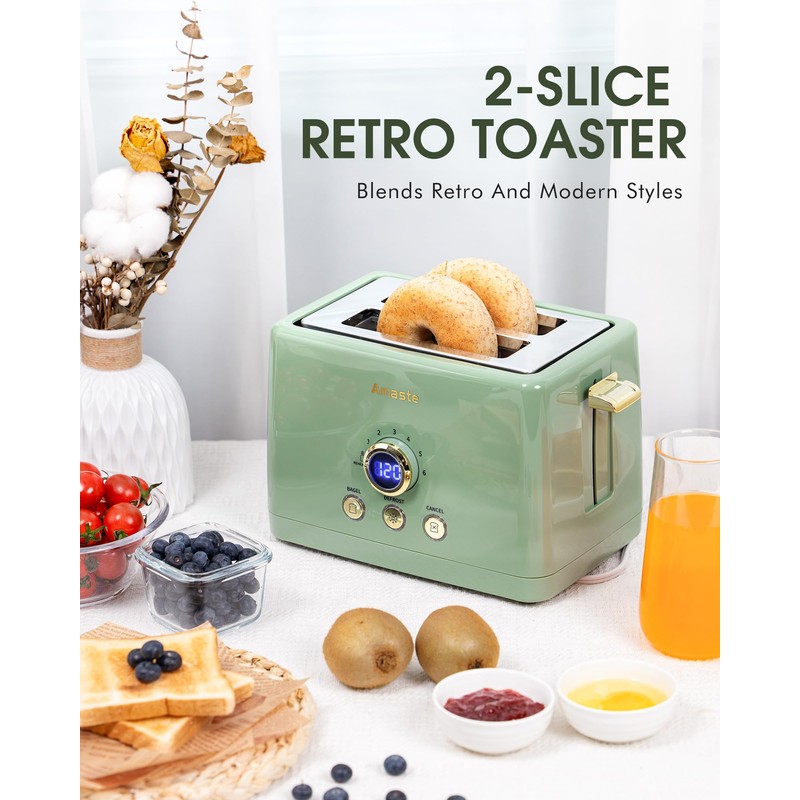 2 Slice Toaster, Retro Bread Toaster with LED Display, Extra