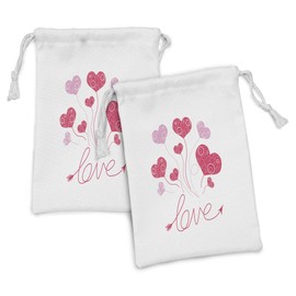 Ambesonne Love Fabric Pouch Set of 2, Love Heart Shaped Balloons Party Entertainment Happiness Theme Retro Print, Small Drawstring Bag for Toiletries Masks and Favors, 9" x 6", Magenta Rose White