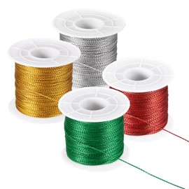 PATIKIL 1312 Feet / 456 Yard Metallic Cord Tinsel Ornament String, 1mm Tag Cord Non Stretch Twine Thread for Gift Wrapping Craft Jewelry Making, Gold/Silver/Red/Green 4 Spool