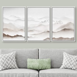 SIGNWIN Framed Canvas Print Wall Art Set Foggy Watercolor Mountain Range Sky Nature Wilderness Illustrations Modern Art Decorative Nordic Calm/Zen for Living Room, Bedroom, Office - 24"x36"x3 White