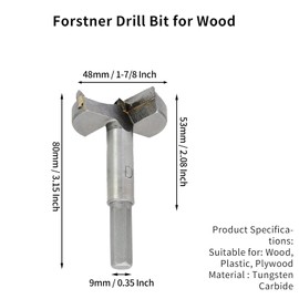 Cjueiom 48mm / 1-7/8 Inch Forstner Drill Bit, Tungsten Carbide Wood Hole Saw Auger Opener Hole Drilling Boring Bit Cutter, Woodworking Hole Opener Hinge Hole Cutter for Wood, Plastic, Plywood