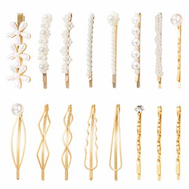 SHEHARUHI Hair Pins, 16pcs Vintage Pearl Hair Bobby Pins Metallic Flower Barrettes Combination Hair Clips for Women Girls, Minimalist Hair Decorative Wedding Dainty Accessories