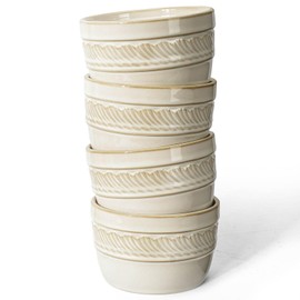 Artena Ramekins, Ramekins Oven Safe, Creme Brulee Ramekins, Embossed White Ceramic Ramiken, Souffle Pudding Custard Cups, Baking Dish, Dipping Bowls, Sauce Cups, Set Of 4 (Willow Leaf, 8 oz)