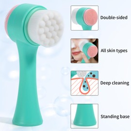 Face Brush 2 in 1, Facial Cleansing Exfoliating Brush with Ultra Fine Soft Bristles for Pore Deep Cleansing Silicone Double Side Face Wash Scrub Brush for Skin Care, Green