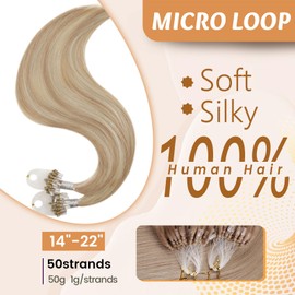 RUNATURE Micro Loop Hair Extensions Blonde Highlight Ash Blonde Micro Ring Hair Extensions Human Hair Blonde Micro Beads Hair Extensions Real Hair 16 Inch 50g/50s
