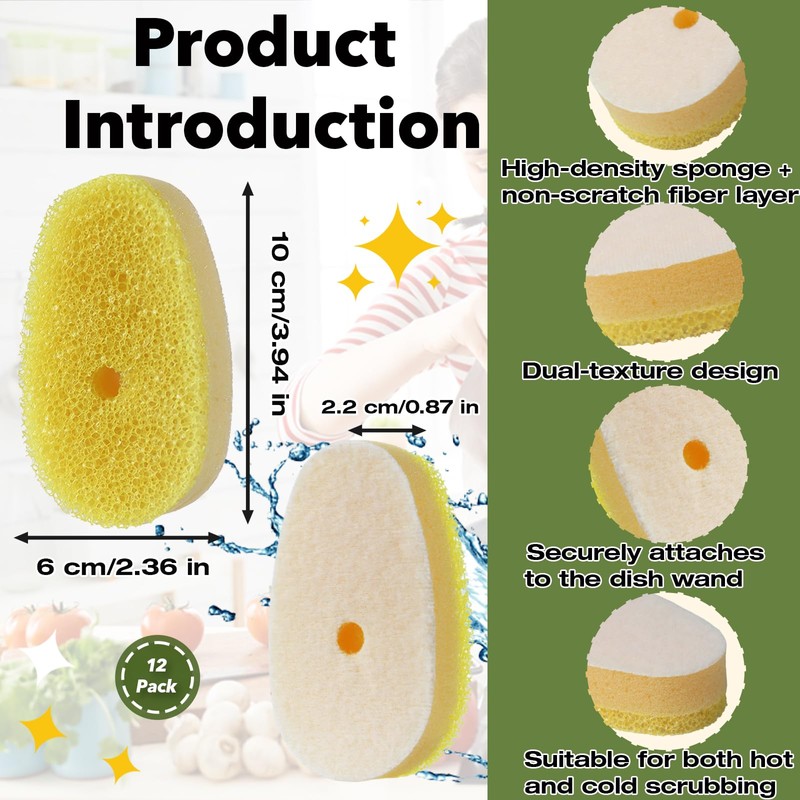12 Pcs Dish Wand Sponge Refills – Compatible with Scrub