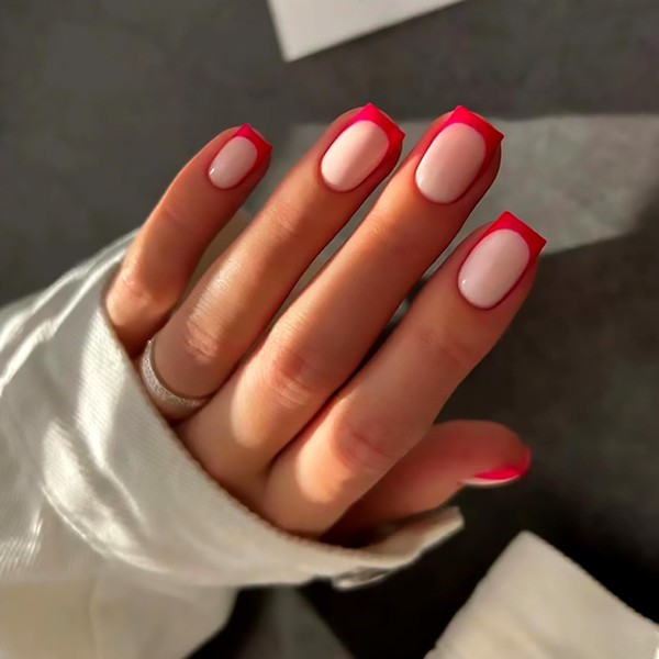Red French Tip Fake Nails Kit,Short Square Press on Nails,Glossy