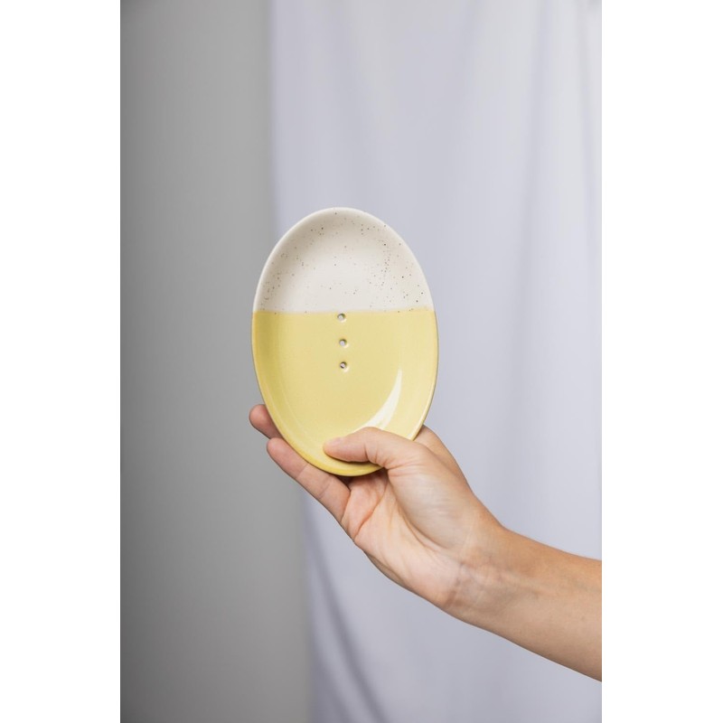 Tranquillo Rustic Oval Ceramic Soap Dish Yellow with Holes for