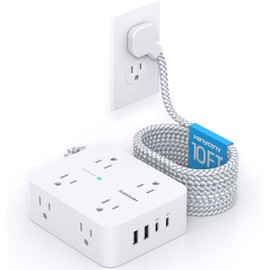 PD 30W USB C Power Bar Surge Protector, HANYCONY 8 Outlets 4 USB(2 USB C Ports), 1080J Desk Charging Station for Multiple Devices, 10 Ft Flat Plug Extension Cord for College Dorm Room Essentials