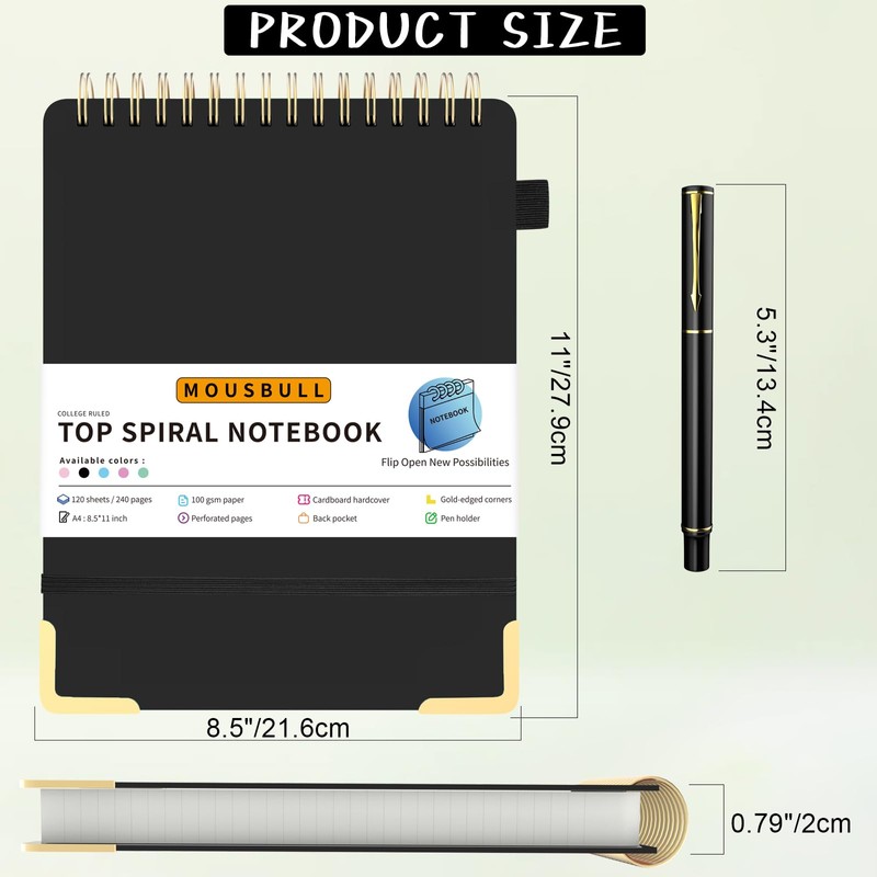 Mousbull Top Spiral Notebook, A4 Hardcover Top Bound Steno Pads,