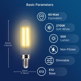 FLSNT 60W Equivalent Candelabra LED Light Bulbs, Dimmable T6/T25 LED Chandelier Bulbs, CRI 82, 2700K Soft White, E12 Base, 500LM, 5.5W, 12 Pack