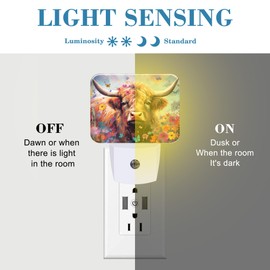 Uiaoiais Watercolor Highland Cow Night Light, Flowers and Butterflies Nightlight Plug into Wall with Dusk to Dawn Sensor for Kid Girls Boys Women Men Bedroom, Hallway, Kitchen, Bathroom, Stairs Decor
