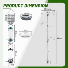 4-Hook Bird Feeding Station Kit,93" Wild Bird Feeder Stand Pole,Multi-Feeder Kit Stand with 4 Feeders,Bird Bath and Mesh Tray