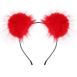 VOGUEKNOCK Fluffy Rainbow Pompom Rabbit Fur Hair Jewelry Headband with Red Balls