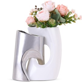 White and Silver Vase Set of 2, Nordic Modern Ins Style Vases, Boho Ceramic Vases for Centerpieces, Mid Century Abstract Donut Vase, Unique Funky Vase for Wedding, Decorative Pampas Grass Vase Decor