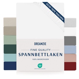Dreamzie Fitted Sheet 160 x 200 cm - 35 cm Deep Pocket - 100% Microfibre Bed Sheet - White, Tested for Harmful Substances (Oeko Tex), Bed Sheet with Elastic Band