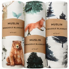REZIPO 3 Pack Baby Muslin Swaddle Blankets Gender Neutral Large Swaddles for Newborn Baby Boys or Girls Light Receiving Blankets Newborn Infant Essentials for Mom (Woodland)