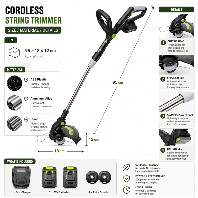 20V Cordless String Trimmer for Lawn Care – Lightweight Battery