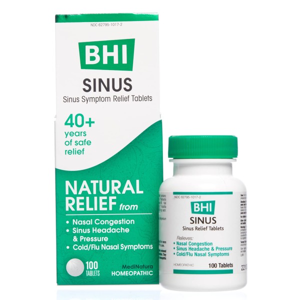 BHI Sinus Natural Congestion Relief 7 Targeted Homeopathic Active Ingredients Help Relieve Nasal Cold Symptoms, Pain, Pressure & Headache Extra Strength Support for Women & Men - 100 Tablets