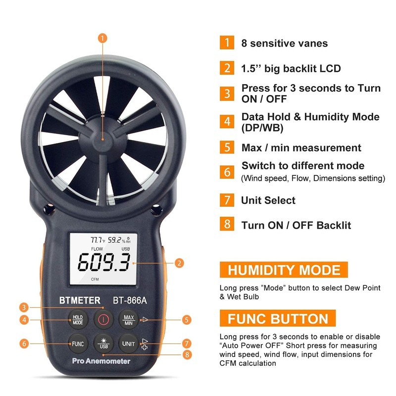 BTMETER BT-866A Pro Handheld HVAC Anemometer for CFM Air Flow,