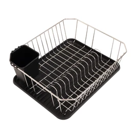 FurnitureXtra Stainless Steel Dish Drainer with Plastic Drip Tray and Cutlery Holder (Square Drainer Black)