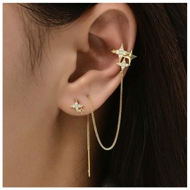 Cimenexe Bohemian Crystal Star Cuff Chain Earrings Paved Star Cartilage Cuff Earrings Northstar Tassel Chain Studs Earring Gold Star Earrings Set Jewelry for Women and Girls