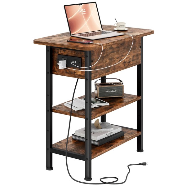 GRUSIGN End Table with Charging Station, Flip Top Side Table
