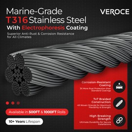 VEROCE 500FT 1/8" T316 Stainless Steel Cable, 7x7 Strands Wire Rope, Black Phosphate Coating, Cable Cutters & Gloves, Aircraft Cable for Indoor Outdoor Cable Railing Stair Deck Fencing DIY
