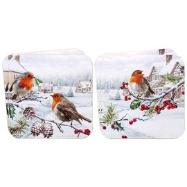 The Leonardo Collection Christmas Robins Coasters – Set of 4 (2 Assorted) For Home & Office | Stylish Drink Mat For Kitchen & Dining | Durable Drink Coasters For Tabletops | Home Accessories for Drink