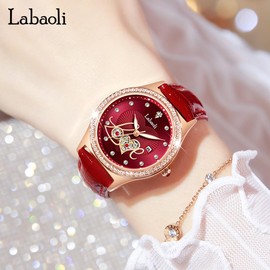 Women's Watch, Red Leather Strap, Diamond, Wristwatch, Stylish, Waterproof, Simple, Business, Brand, Cute, Casual, Luxury Gift, Red White Love Watch Women, LA303 Red