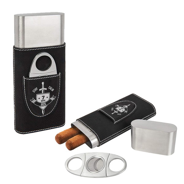 Personalized Cigar Case with Cutter - 7 Regiment Design (Black/Silver)