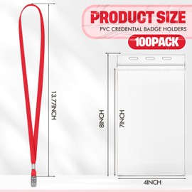 Patelai 100 Pcs Extra Large 4 x 8 Inch Badge Holders with Lanyard Bulk PVC Waterproof Card Holder Credential ID Protector Sleeves 3 Lanyard Slots at Top for Office Sporting Events Concert (Red)