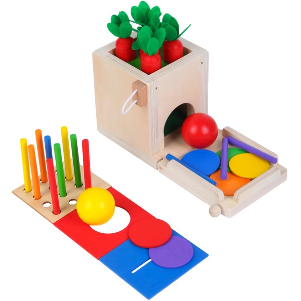 Montessori Mama 4-in-1 Wooden Educational Toy Box - Object Permanence Ball Drop, Carrot Harvest Game, Color Match Stick Drop, Coin Box - 29 Self-Storing Pieces - Ideal Gift for 2-Year-Olds