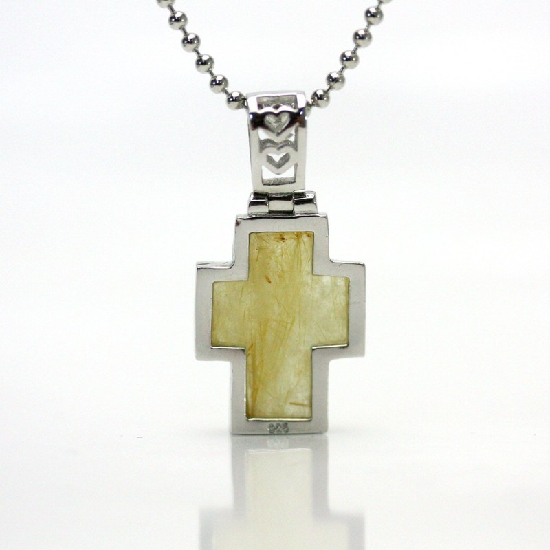 ［ ハッピーボム ］ ルチルクオーツ ふっくらクロス 天然石 パワーストーン ペンダント ネックレス チェーン40cm