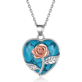 Bestyle Rose Flower Heart Crystal Necklaces, Synthetic Blue Turquoise Necklace Healing Crystal Necklaces, December Birthstone Rose Heart Pendant for Women Grils,Statement Birthday Jewelry Gifts