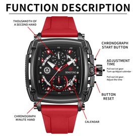 senstone Men's Watch 44mm Large Dial Square Fashion Sports Multifunction Chronograph Quartz Analog Wristwatch for Men Rubber Band Silicone Strap Watches - Red