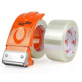 BOMEI PACK Strapping Tape 2 Inch with Dispenser,Mono Filament Tape,Transparent Reinforced Fiberglass Tape,Heavy Duty Moving Boxes Packing Tape Stright Line Sticky Strong Tape