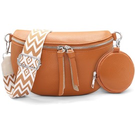 HNOOM Crossbody Bag Women's Wide Strap Genuine Leather Bum Bag Women's Stylish Chest Bag with Coin Purse, Shoulder Bag Women's Small Modern Bags with Wide Shoulder Strap, brown, Minimalist
