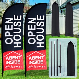Buryeah 2 Pack Open House Flags Signs for Real Estate Agents Feather Flag Opening Signs Banner Set with Flagpole Ground Stake Portable Bag for Real Estate Business(Black,7x5.4 ft)