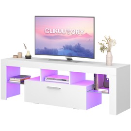 Clikuutory Modern Lighting 51 inch TV Stand with Large Storage Drawer for 32 40 50 55 Inch TVs, TV Console with 20 Color LED Lights, Entertainment Center Media and Open Shelf for Bedroom, White