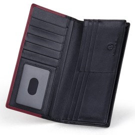 VISOUL Leather Long Checkbook Bi-fold Wallets with Zipper Pocket for Men and Women, RFID Blocking Tall Billfold Secretary Cash Wallet (Wine Red and Black)
