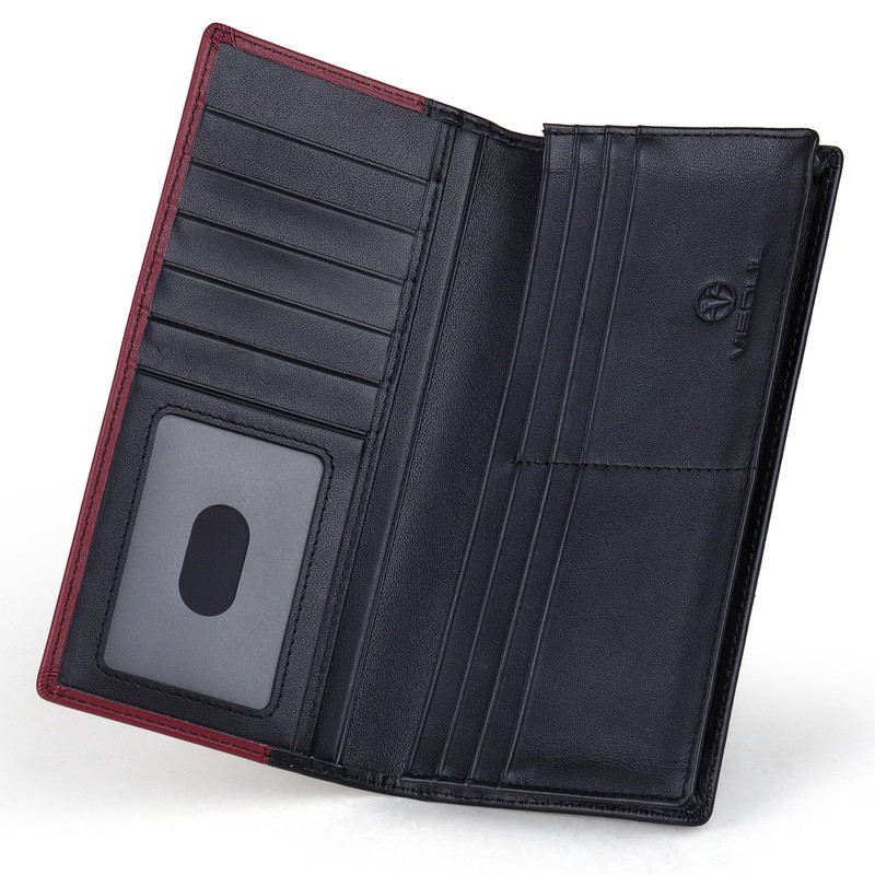VISOUL Leather Long Checkbook Bi-fold Wallets with Zipper Pocket for