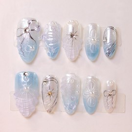 30Pcs Handmade Summer Press on Nails Medium Almond French Tip Fake Nails Blue Glitter Full Cover Silver Star Bow with Rhinestones Glue on Nails Cute Beach False Nails for Women Acrylic Nails
