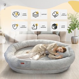 Fvkind Human Dog Bed for Adults, 71"x51"x12" Washable Orthopedic Size, Faux Fur Removable, Cozy Large Present with Blanket and Pillow, Grey