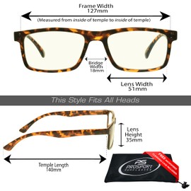 proSPORT Computer Reader Blue Light Blocker Reading Glasses +3.50 Tortoise Rectangle Frame Anti Glare Anti Eye Straining
