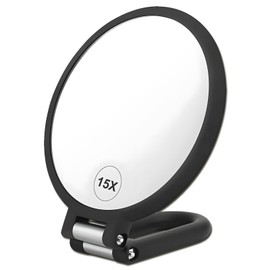 Jaasuee Black Magnifying Handheld Mirror Double Sided, 1X & 15X Magnification, Travel-Friendly Folding Design, Adjustable Rotation for Makeup Vanity Desk